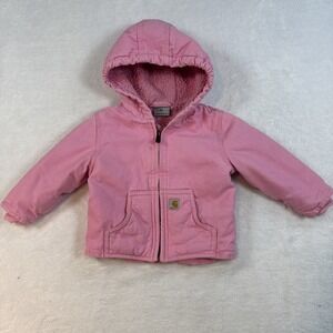 Carhartt Kids Sherpa Canvas‎ Lined Jacket Hooded Pink Zip Front Size 12M